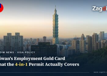 Aerial sunset view of Taipei 101 and the Xinyi district skyline, illustrating a story on Taiwan's Employment Gold Card (the 4-in-1 combined work permit, resident visa, ARC and re-entry permit for foreign professionals)