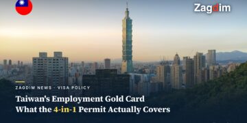 Aerial sunset view of Taipei 101 and the Xinyi district skyline, illustrating a story on Taiwan's Employment Gold Card (the 4-in-1 combined work permit, resident visa, ARC and re-entry permit for foreign professionals)