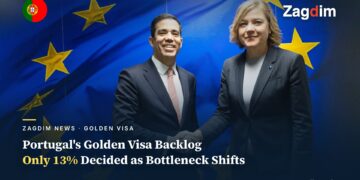 Portugal's Minister of the Presidency Antonio Leitao Amaro shaking hands with EU Commissioner Henna Virkkunen, EU flag backdrop