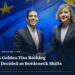 Portugal's Minister of the Presidency Antonio Leitao Amaro shaking hands with EU Commissioner Henna Virkkunen, EU flag backdrop