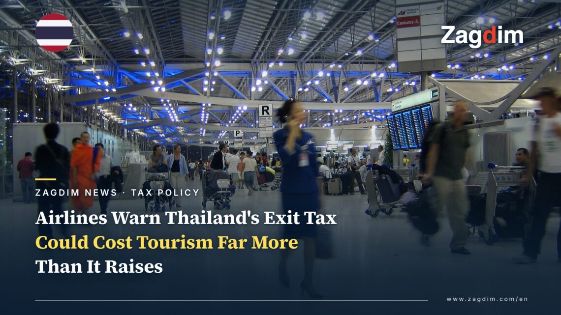 Suvarnabhumi Airport departures hall with travellers and luggage carts, representing passengers affected by Thailand's proposed exit tax