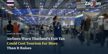 Suvarnabhumi Airport departures hall with travellers and luggage carts, representing passengers affected by Thailand's proposed exit tax