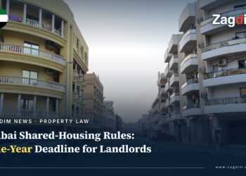 Street view of residential apartment buildings in Bur Dubai, captioned with Dubai shared-housing rules and one-year compliance deadline