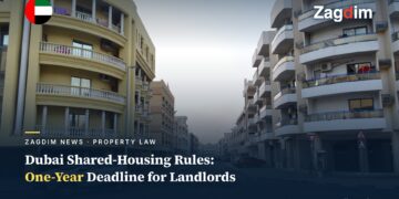 Street view of residential apartment buildings in Bur Dubai, captioned with Dubai shared-housing rules and one-year compliance deadline
