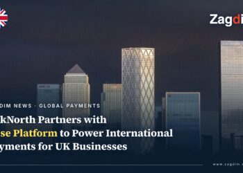 London Canary Wharf financial district skyline, illustrating OakNorth's partnership with Wise Platform for UK business international payments