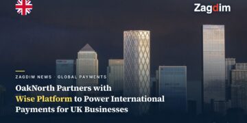 London Canary Wharf financial district skyline, illustrating OakNorth's partnership with Wise Platform for UK business international payments