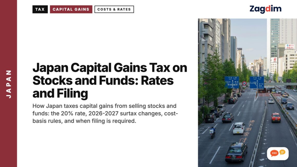 Tokyo avenue with traffic and tree-lined sidewalks, illustrating Japan Capital Gains Tax on Stocks and Funds: Rates and Filing