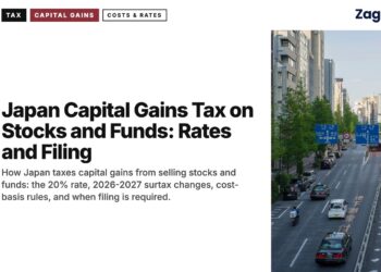 Tokyo avenue with traffic and tree-lined sidewalks, illustrating Japan Capital Gains Tax on Stocks and Funds: Rates and Filing
