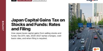 Tokyo avenue with traffic and tree-lined sidewalks, illustrating Japan Capital Gains Tax on Stocks and Funds: Rates and Filing