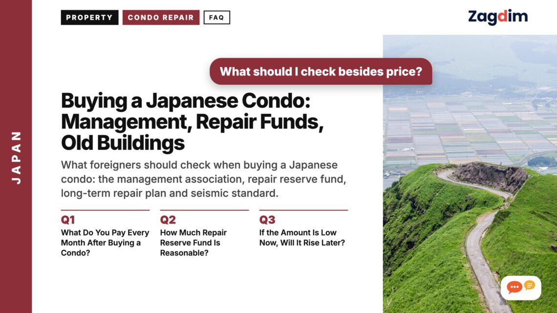 Aerial view of grassy hill path above farmland, illustrating Buying a Japanese Condo: Management, Repair Funds, Old Buildings