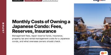 Narrow stone path between traditional houses toward hills, illustrating Monthly Costs of Owning a Japanese Condo: Fees, Reserves, Insurance