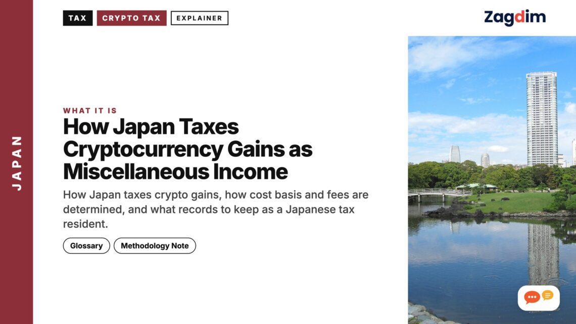 Modern skyscrapers reflected in park pond, illustrating How Japan Taxes Cryptocurrency Gains as Miscellaneous Income