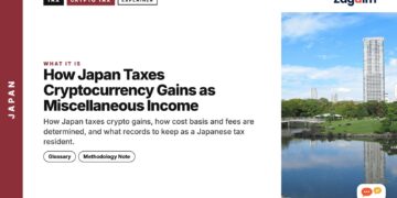 Modern skyscrapers reflected in park pond, illustrating How Japan Taxes Cryptocurrency Gains as Miscellaneous Income
