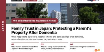 City street lined with skyscrapers, illustrating Family Trust in Japan: Protecting a Parent's Property After Dementia
