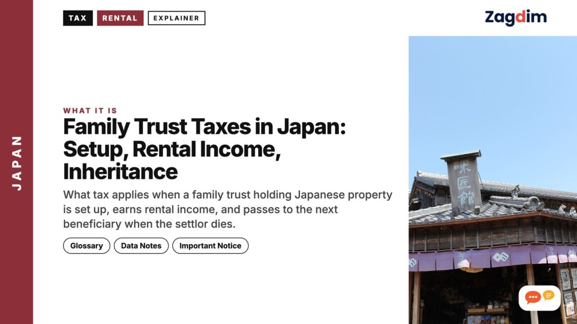 Traditional shop building facade with sign, illustrating Family Trust Taxes in Japan: Setup, Rental Income, Inheritance