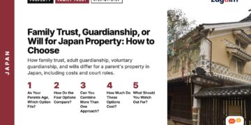 Traditional white building with hanging lanterns, illustrating Family Trust, Guardianship, or Will for Japan Property: How to Choose