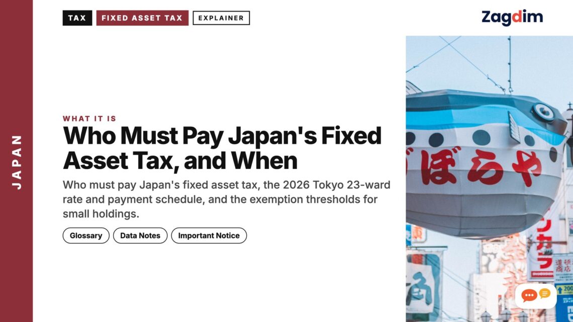 Giant fugu fish signboard on shopping street, illustrating Who Must Pay Japan's Fixed Asset Tax, and When
