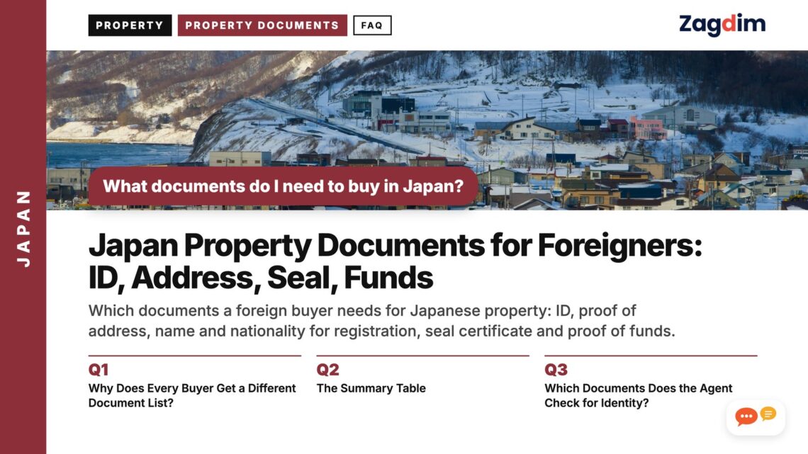 Snow-covered town nestled among mountains, illustrating Japan Property Documents for Foreigners: ID, Address, Seal, Funds