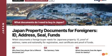 Snow-covered town nestled among mountains, illustrating Japan Property Documents for Foreigners: ID, Address, Seal, Funds