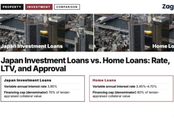 Aerial view of city river lined with skyscrapers, illustrating Japan Investment Loans vs. Home Loans: Rate, LTV, and Approval