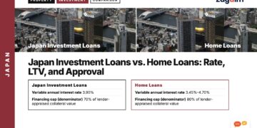 Aerial view of city river lined with skyscrapers, illustrating Japan Investment Loans vs. Home Loans: Rate, LTV, and Approval