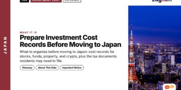 Night aerial city view with Tokyo Tower illuminated, illustrating Prepare Investment Cost Records Before Moving to Japan