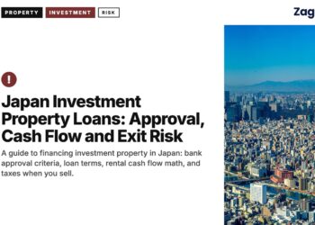 Aerial view of dense city with Mount Fuji in distance, illustrating Japan Investment Property Loans: Approval, Cash Flow and Exit Risk