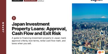 Aerial view of dense city with Mount Fuji in distance, illustrating Japan Investment Property Loans: Approval, Cash Flow and Exit Risk