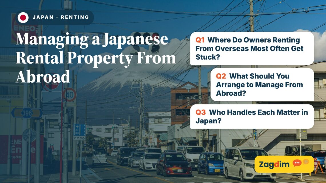 Local street with Mount Fuji rising behind rooftops, illustrating Managing a Japanese Rental Property From Abroad
