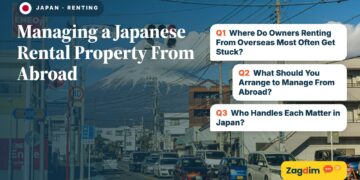 Local street with Mount Fuji rising behind rooftops, illustrating Managing a Japanese Rental Property From Abroad