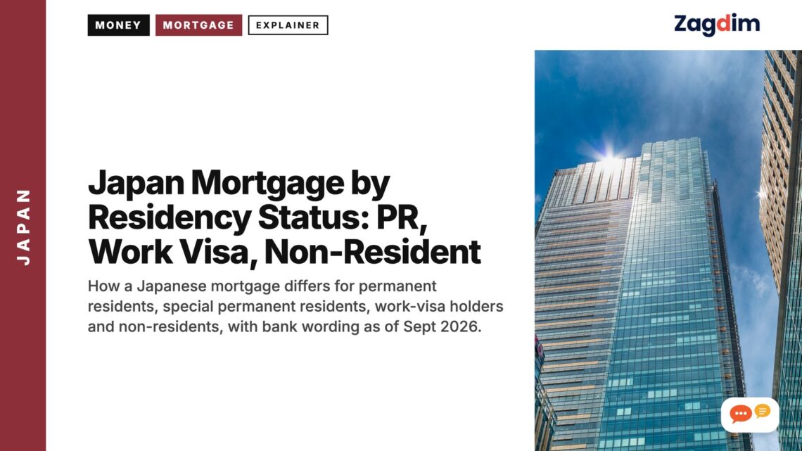 Looking up at modern glass skyscrapers, illustrating Japan Mortgage by Residency Status: PR, Work Visa, Non-Resident