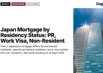 Looking up at modern glass skyscrapers, illustrating Japan Mortgage by Residency Status: PR, Work Visa, Non-Resident