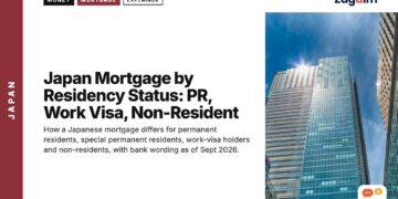 Looking up at modern glass skyscrapers, illustrating Japan Mortgage by Residency Status: PR, Work Visa, Non-Resident