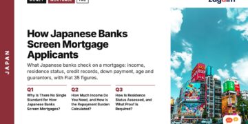 Colourful shop signage against blue sky Akihabara, illustrating How Japanese Banks Screen Mortgage Applicants
