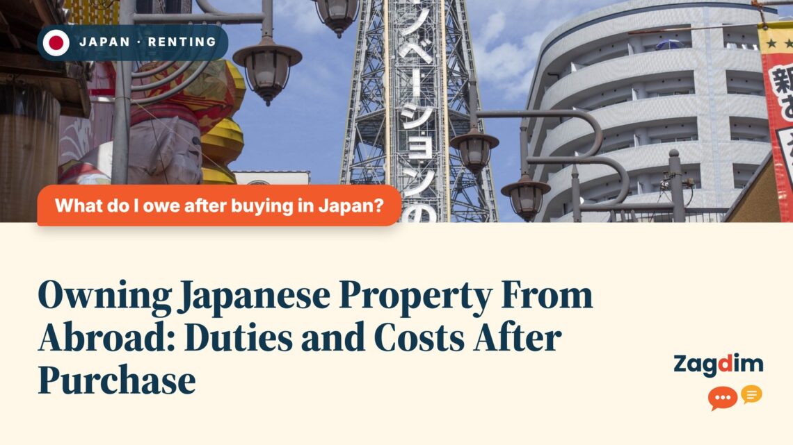 Tsutenkaku Tower amid Shinsekai shopping signs, illustrating Owning Japanese Property From Abroad: Duties and Costs After Purchase
