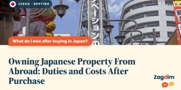 Tsutenkaku Tower amid Shinsekai shopping signs, illustrating Owning Japanese Property From Abroad: Duties and Costs After Purchase
