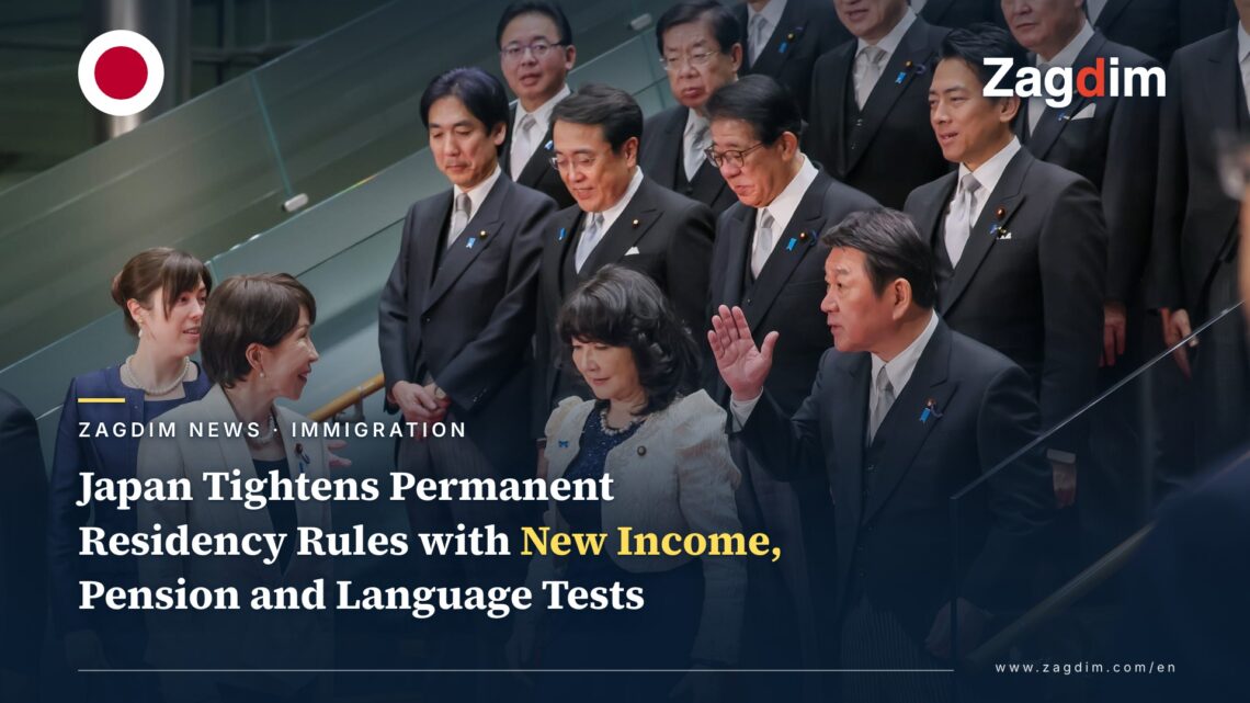 Japanese Prime Minister Sanae Takaichi with cabinet members (file photo), illustrating the government behind Japan's tightened permanent-residency screening