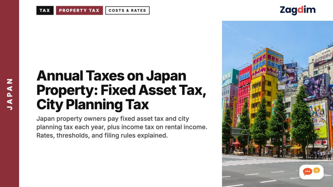 Akihabara street with colorful electronics billboards, illustrating Annual Taxes on Japan Property: Fixed Asset Tax, City Planning Tax