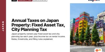 Akihabara street with colorful electronics billboards, illustrating Annual Taxes on Japan Property: Fixed Asset Tax, City Planning Tax
