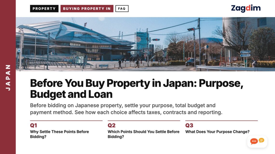 Modern stadium building beside empty plaza, illustrating Before You Buy Property in Japan: Purpose, Budget and Loan