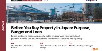 Modern stadium building beside empty plaza, illustrating Before You Buy Property in Japan: Purpose, Budget and Loan