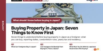 Osaka Castle ornate gable close-up under blue sky, illustrating Buying Property in Japan: Seven Things to Know First