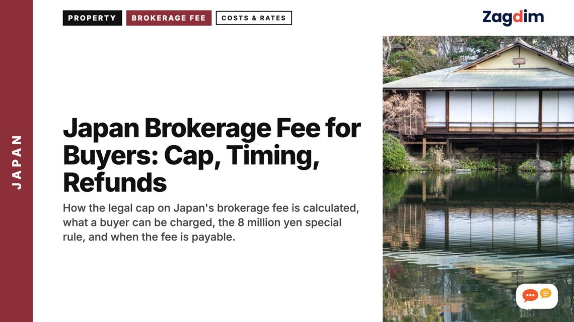 Traditional teahouse building reflected in pond, illustrating Japan Brokerage Fee for Buyers: Cap, Timing, Refunds