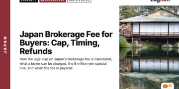 Traditional teahouse building reflected in pond, illustrating Japan Brokerage Fee for Buyers: Cap, Timing, Refunds