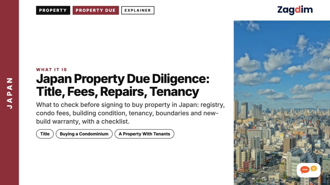 Aerial skyline view of Japanese city, illustrating Japan Property Due Diligence: Title, Fees, Repairs, Tenancy