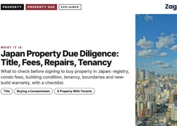 Aerial skyline view of Japanese city, illustrating Japan Property Due Diligence: Title, Fees, Repairs, Tenancy