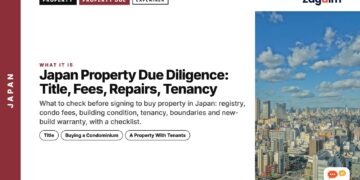 Aerial skyline view of Japanese city, illustrating Japan Property Due Diligence: Title, Fees, Repairs, Tenancy