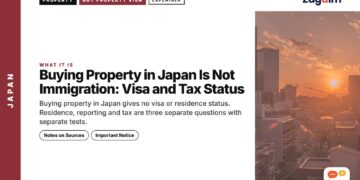 City skyscrapers silhouette at sunset, illustrating Buying Property in Japan Is Not Immigration: Visa and Tax Status