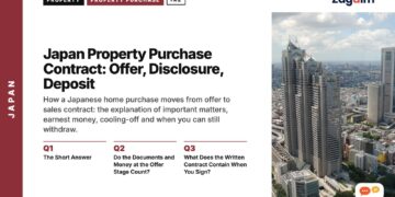 Aerial view of Shinjuku skyscraper district, illustrating Japan Property Purchase Contract: Offer, Disclosure, Deposit