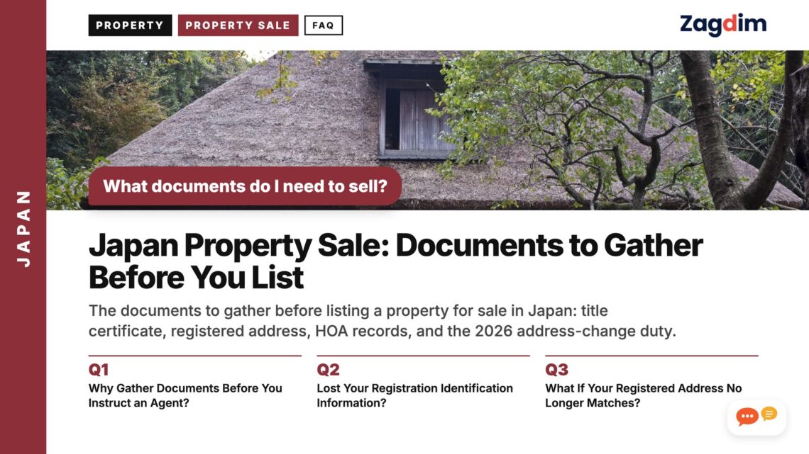 Thatched roof traditional farmhouse among trees, illustrating Japan Property Sale: Documents to Gather Before You List